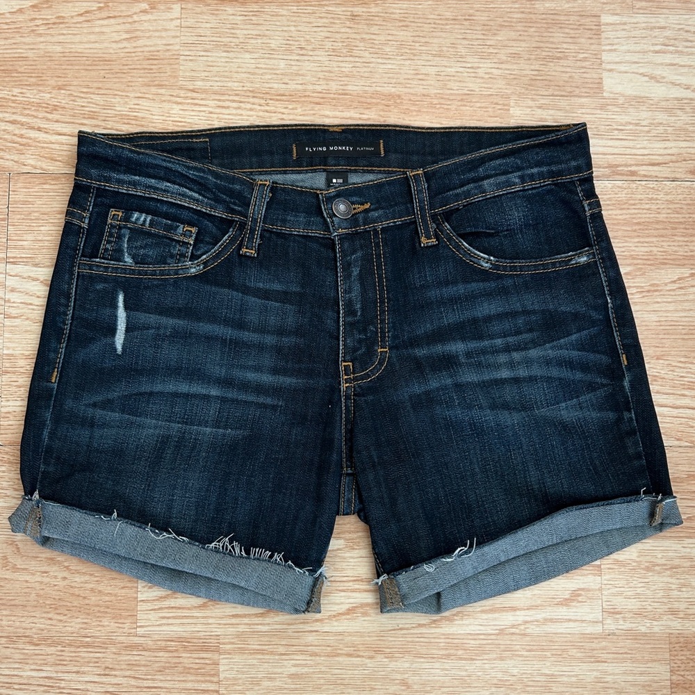 Flying Monkey Dark Wash Distressed Denim Jean Shorts Raw Frayed Hems 25